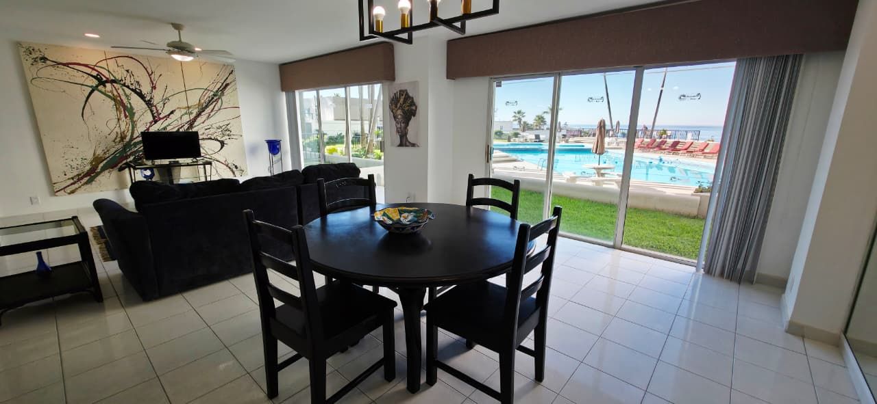 Pool seen through the living room windows